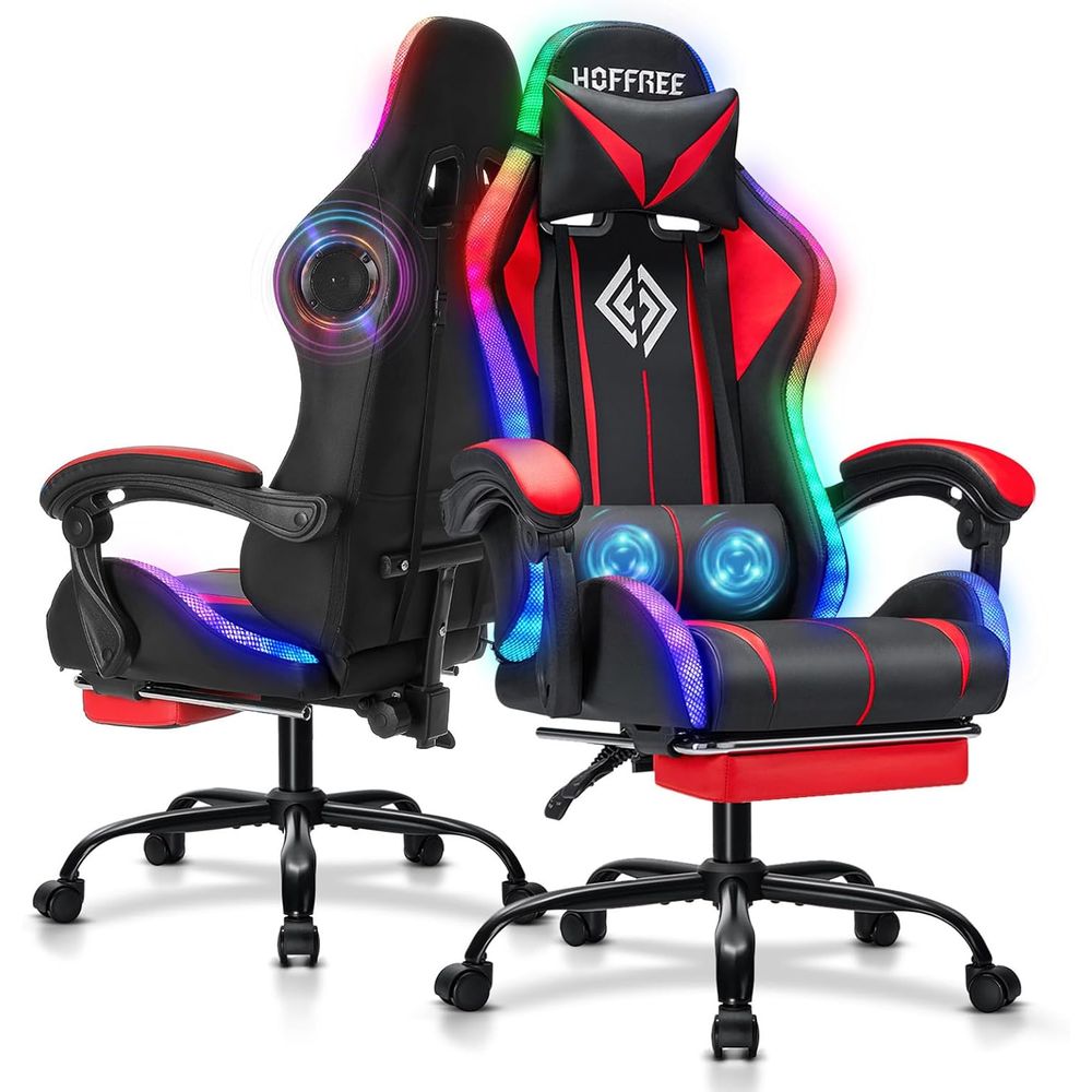 Music - เก้าอี้เกมมิ่ง RGB พร้อมลำโพงบลูทูธและไฟ LED เก้าอี้เกมคอมพิวเตอร์เพื่อสุขภาพพร้อมที่วางเท้า พนักพิงสูง